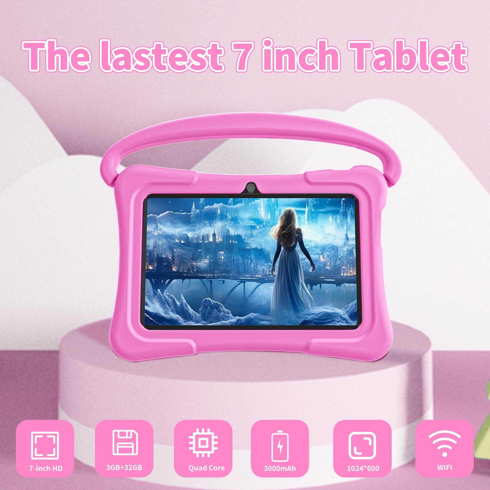 Kids Tablet, 7 inch Android Tablets for Kids 3GB RAM 32GB ROM 128GB Expand, Children Tablet with Shockproof Case, Bluetooth, GMS, WiFi, Parental Control, Dual Camera (Pink)