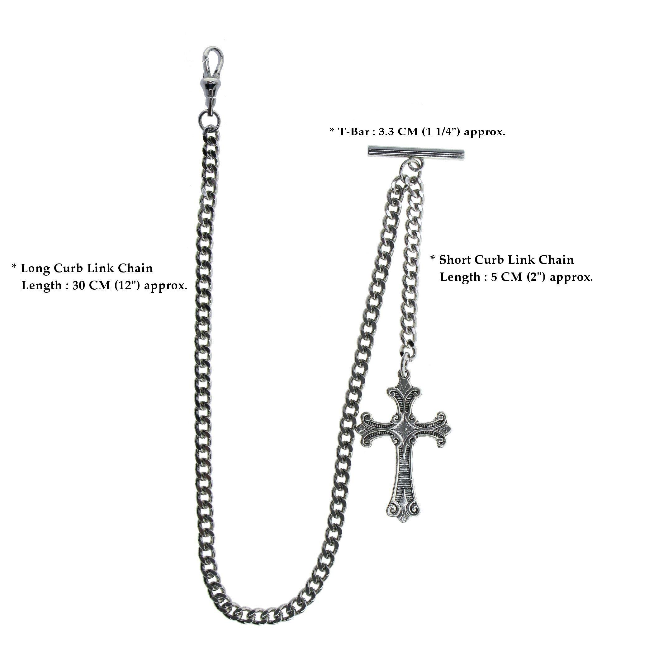 Albert Chain Silver Pocket Watch Chain Fob Chain with Religious Cross Design Fob and Swivel Clasp T Bar AC114A