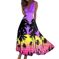 Plus Size Dresses for Curvy Women Spring Summer 2024 Vacation Summer Hawaiian Print V-Neck Sleeveless Tunic Dresses