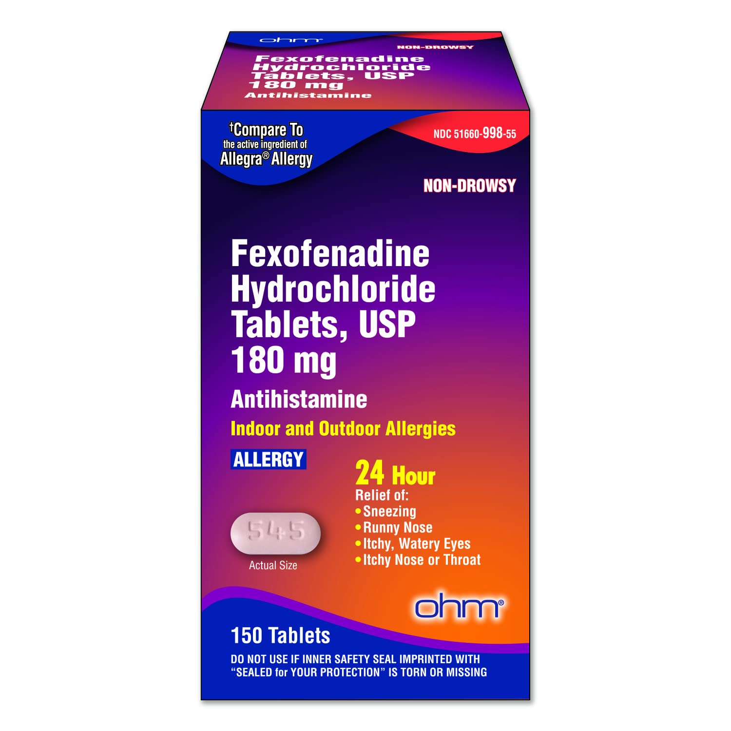 Ohm Fexofenadine Antihistamine Indoor Outdoor Allergy Relief 150Tablets