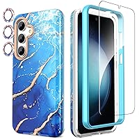 Designed for Samsung Galaxy S24 Case, with Shiny Camera Cover & Screen Protector, Fade-Proof Chic Pattern, Shockproof Protective, Slim Thin Phone Case for S24, Ocean Blue