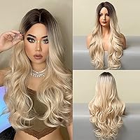 MORICA Long Ombre Dirty Blonde Wavy Wig 26 Inch Long Curly Wavy Ombre Dirty Blonde Wigs Dark Brown Roots Middle Part Synthetic Wig Natural Looking Perfect Wig Fluffy for Women Daily Party