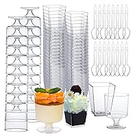 mwellewm 300 Packs Dessert Cups with Spoons, 5 OZ Mini Clear Plastic Dessert Parfait Cup for Party, Square Dessert Shot Glasse Round Goblet Small Reusable Fruit Ice Cream Pudding Appetizer Cup Bowls