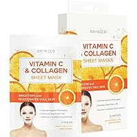 Vitamin C and Collagen Sheet Face Mask - Prevents Sun Damage, Reduces Acne, Acne Scars & Wrinkles, Brightening Sheet Mask - Cruelty Free Korean Skin Care For All Skin Types - 5 Masks