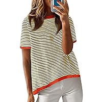 Striped Shirt Women 2024 Summer Fashion Trendy Versatile Loose Fit with Short Sleeve Round Neck Blouses