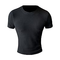 Men's Round Neck Ribbed Tee Top Casual Breathable Short Sleeve Stripe Knit Slim Fit Sweater Pullover