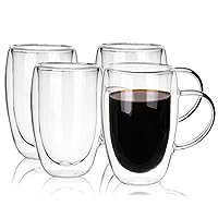 Moretoes 16oz Clear Coffee Mug, Double Walled Glass Coffee Mugs with Handles, Insulated Espresso Cups, Set of 4
