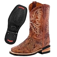 Kids Distressed Cognac Western Cowboy Boots Real Leather Square Toe Pull On