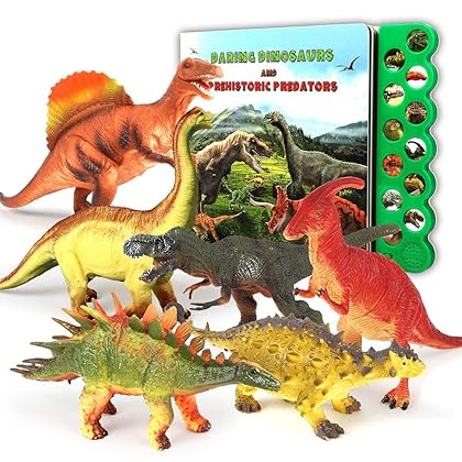 OleFun Dinosaur Toys for 3 Years Old & Up - Dinosaur Sound Book & 12 Realistic Looking Dinosaurs Figures Including T-Rex, Triceratops, Utahraptor, for Kids, Boys and Girls