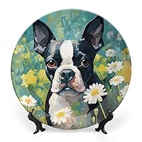 Cute Boston Terrier Dog Watercolor Bone China Decorative Plate Ceramic Dinner Plates Decorative Plate Crafts for Women Men