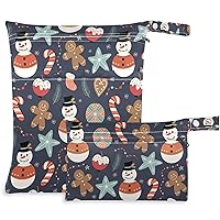 visesunny Snowman Candy Gingerbread 2Pcs Wet Bag with Zippered Pockets Washable Reusable Roomy Diaper Bag for Travel,Beach,Daycare,Stroller,Diapers,Dirty Gym Clothes,Wet Swimsuits,Toiletries