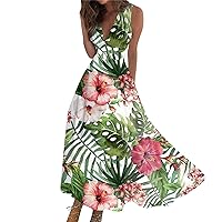 Womens Summer Maxi Dress 2024 Sleeveless Deep V Neck Sexy Maxi Dress Beach 2024 Trendy Floral Print Flowy Beach Dress