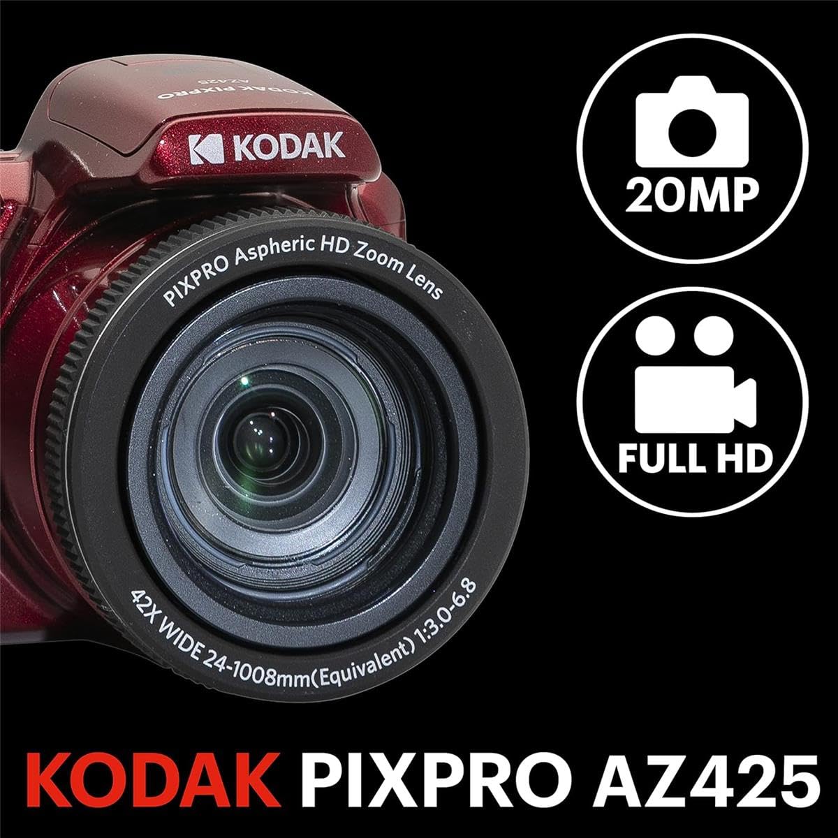 KODAK PIXPRO AZ425 Astro Zoom 20MP Full HD Digital Camera, Red, Bundle with 32GB Memory Card and Camera Bag