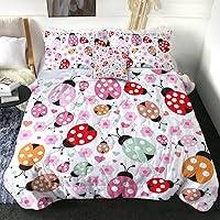 Sleepwish Ladybug Comforter Set Pink Floral Reversible Quilt Bedding Set Cute Animal Bedset for Kids Teen Girls Adults Women (Queen - 4 Piece: 1 Comforter + 2 Pillow Shams + 1 Cushion Cover)