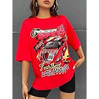 Women's Shirts Women's Tops Shirts for Women Letter & Car Print Drop Shoulder Tee (Color : Red, Size : X-Small)