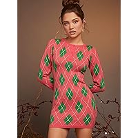 TLULY Sweater Dress for Women Argyle Pattern Button Half Placket Sweater Dress Sweater Dress for Women (Color : Multicolor, Size : Small)