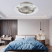 Bladeless Ceiling Fan with Lights 22 in Flush Mount Low Profile Ceiling Fan with Lights Remote Control LED Dimmable Reversible 6 Speeds Timing, Modern Enclosed Ceiling Fan,Silver