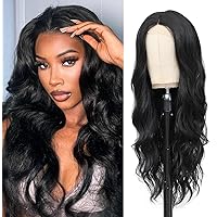 Long Wavy Black Wig for Women 24 Inch Middle Part Curly Glueless Wigs Heat Resistant Synthetic Fiber Elastic Band Cap Wig for Daily Party Use(Natural Black)