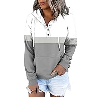 FYUAHI Hoodies For Women 2023 Round Neck Long Sleeve Pullover Tops Casual Button Down Drawstring Sweatshirt With Pocket