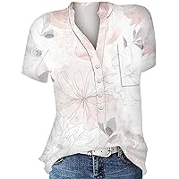 Women's Tops Fashion Pullover V-Neck Loose Print Button Shirt Casual Versatile Short Sleeve Tops Spring, S-3XL