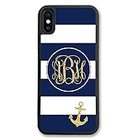 iPhone Xs Max, Phone Case Compatible with iPhone Xs Max [6.5 inch] Navy Blue Stripes Nautical Anchor Monogram Monogrammed Personalized IPXSM