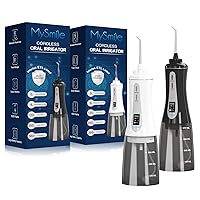 MySmile Powerful Cordless Water Dental Flosser Portable Oral Irrigator Black and White Combo with OLED Display 5 Modes 8 Replaceable Jet Tips and 350 ML Detachable Water Tank