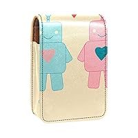 Vintage Retro Robot Couple Lover Leather Makeup Lipstick Case, Lipstick Bag with Mirror for Women，Mini Makeup Bag Suitable Daily Touch-up Portable Cosmetic Bag