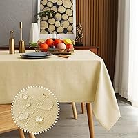 Faux Linen Rectangle Tablecloth - Waterproof and Washable Slubby Textured Weaves Table Cloth, Indoor & Outdoor Table Cover for Kitchen Party and Banquets, Cream 58 x 144 Inch