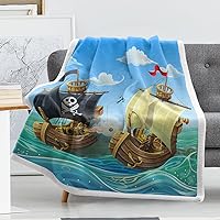 Cartoon Pirate Ship Sherpa Fleece Blanket Soft Warm Blue Sea Blanket for Men Boys Cute Nautical Plush Throw Blanket for Bed Couch 60x80 inches