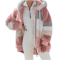 TUNUSKAT Womens Winter Warm Sherpa Hoodie Fleece Jacket Color Block Oversized Hooded Coat Comfy Zip Up Sweatshirt Outwear