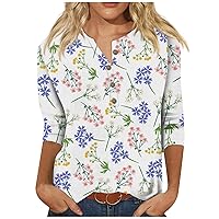 Womens 3/4 Sleeve T Shirts Classic Button Down Blouse Dressy Casual Printed Graphic Tees Summer Going Out Tops