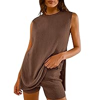 Women's Summer Sweater Set Sleeveless Knit Pullover Top Matching Shorts 2 Piece Beach Vacation Outfits 2024