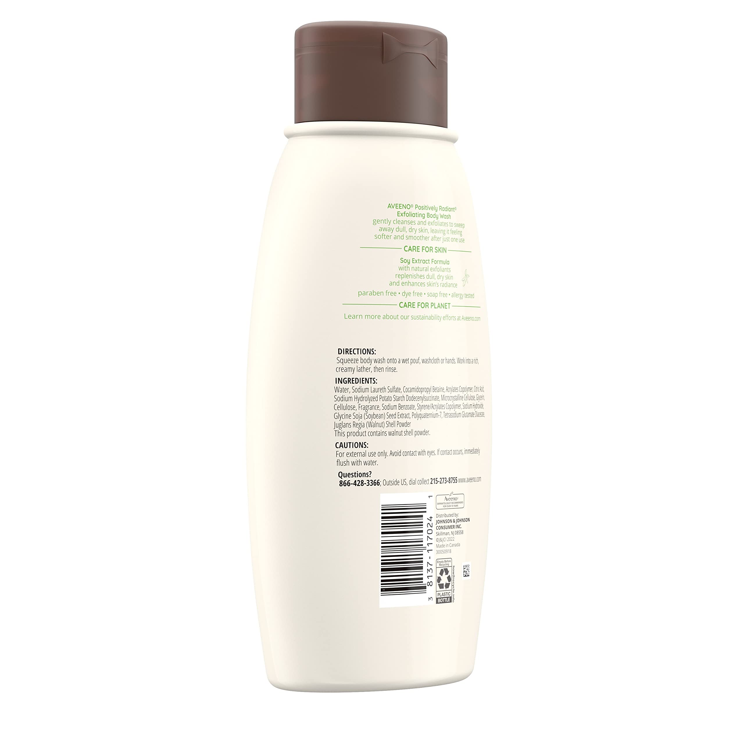 Aveeno Positively Radiant Exfoliating Body Wash with Soy Extract, Lightly Scented Body Cleanser Replenishes Dull, Dry Skin & Exfoliates to Reveal More Radiant, Beautiful Skin, 18 fl. oz