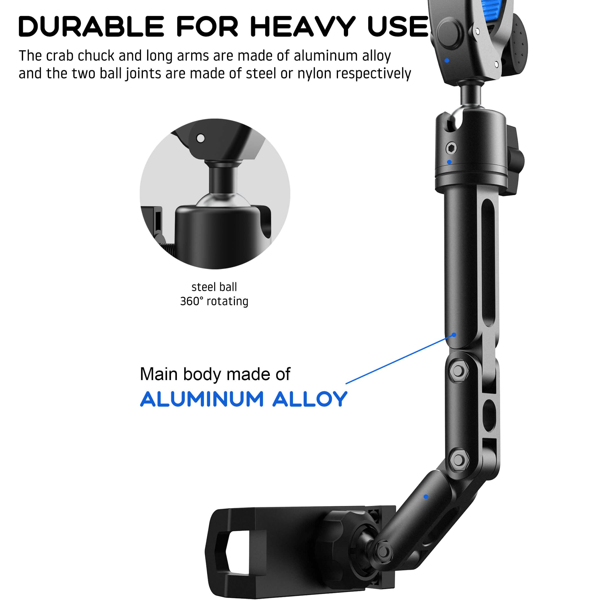 Quyee Rear View Mirror Phone Holder Mount for Car, Aluminum Multi-Directional Metal arms and 360-degree Rotatable Retractable, Car Truck Essentials Accessories Compatible with iPhone Android Phones