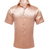 Hi-Tie Men's Rose Gold Thick Satin Short Sleeve Dress Shirts Casual Silky Button Down Stretch Regular Fit Shirts Party Prom Wedding(Large)
