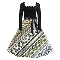 Womens Christmas Dress Casual Square Neck Christmas Printed Belted Swing A-Line Dresses Lightweight Sweater Dresses