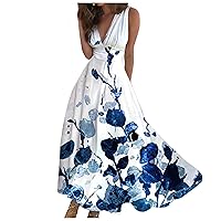 Floral Dress for Women Fashion Summer Dress Casual V Neck A Line Dress Sleeveless Swing Maxi Dresses 2024