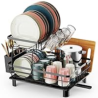 GSlife Dish Drying Rack with Drainboard - Large 2 Tier Dish Rack with 12 Plate Slot, Dish Racks for Kitchen Counter with Utensil Holder Cup Holders Cutting Board Holder, Black
