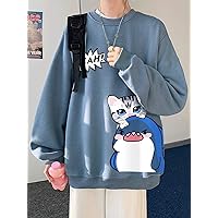 Men Cartoon Graphic Drop Shoulder Sweatshirt (Color : Dusty Blue, Size : X-Large)