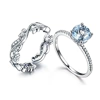Diamond Wedding Ring Set,14K Rose Gold,Art Deco,Stackable,Anniversary,Milgrain,Aquamarine Matching Band,Bridal Set