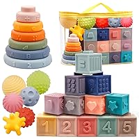 Montessori Toys for Babies 6-12 Months Soft Baby Toys Set 3 in 1 Stacking Building Blocks Infant Teething Toys Sensory Balls Educational Learning Toys for Toddlers 3-6-9-12 Months Boys Girls