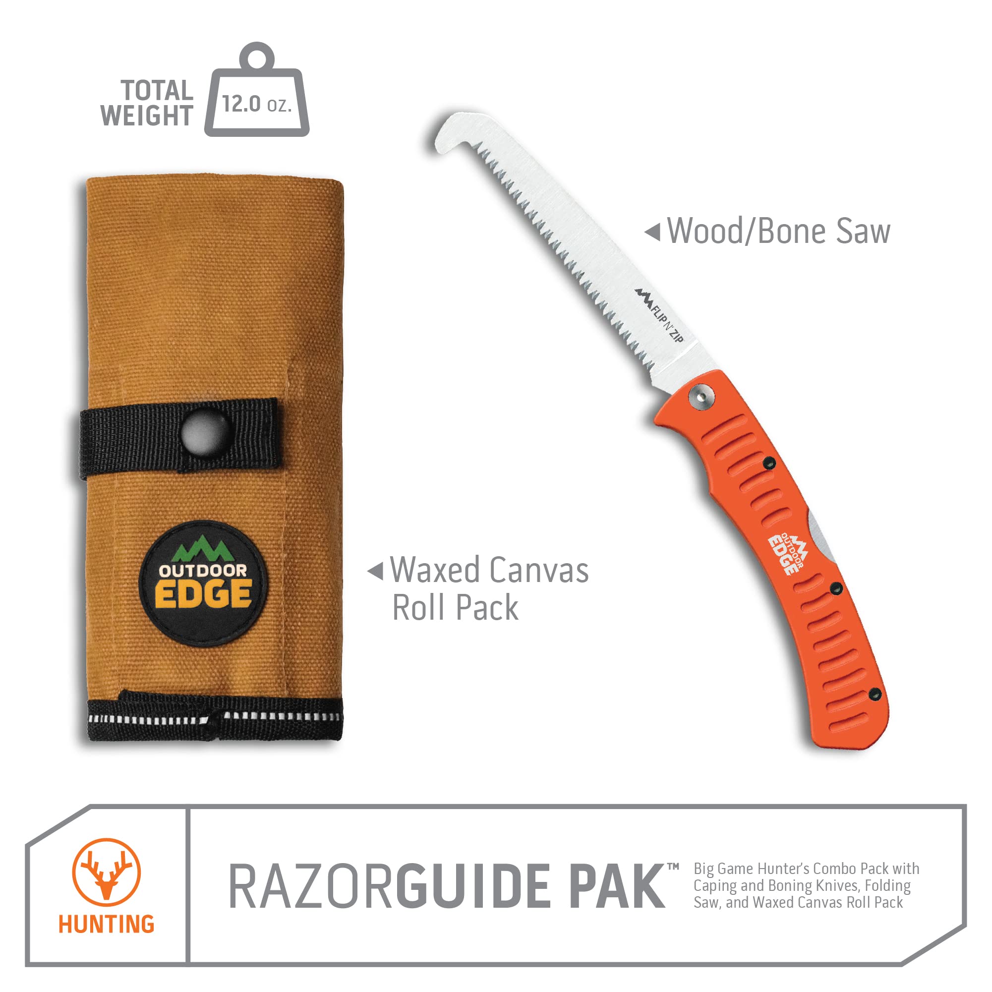 OUTDOOR EDGE Razor-Guide Pak, Includes RazorBone & RazorCape Replaceable Blade Knives & Flip N Zip Saw, all in a Compact Waxed Canvas Roll Pack