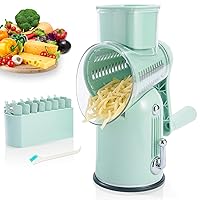 Manual Rotary Cheese Grater with Handle, 5 in 1 Replaceable Stainless Blades Cheese Shredder,Strong Suction Base Vegetable Slicer with Cleaning Brush & Bonus Storage Box for Blades (green)