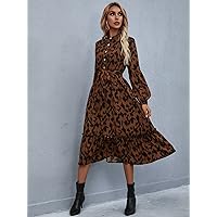 Women's Dress Allover Print Button Front Belted Dress Dress for Women (Color : Coffee Brown, Size : Medium)