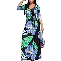 AOMONI Women's Maxi Floral Print Casual 3/4 Sleeve V-Neck Wrap Tie Waist Long Dress
