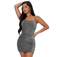 Dresses for Women Backless Ruched Glitter Bodycon Dress (Color : Dark Grey, Size : XX-Small)