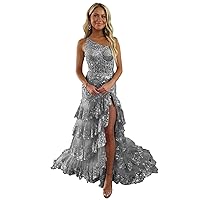 Tiered Lace One Shoulder Prom Dresses for Woman 2024 Tulle A-Line Formal Dress with Silt