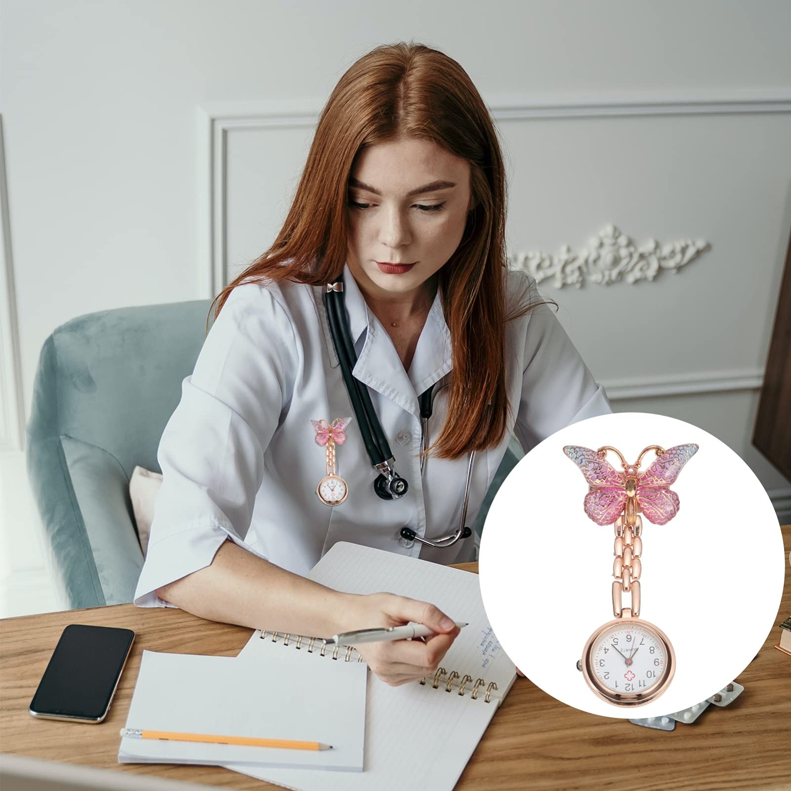 Hemobllo Nurse Watch with Butterfly Pattern Glass Lapel Watch Telescopic Quartz Watch Clip On Watch with Second Hand Stethoscope Badge Fob Medical Pocket Watch Jewelry Gift