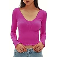 Womens Tops Dressy Casual Summer Boho Women's Solid Color Slim Fit Stretch Knit Sweater Sexy V Neck Short Top