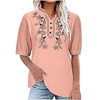 Women Vintage Embroidered Shirts Summer Short Sleeve Button Decoration Floral Pattern T-Shirts Peasant Boho Blouses